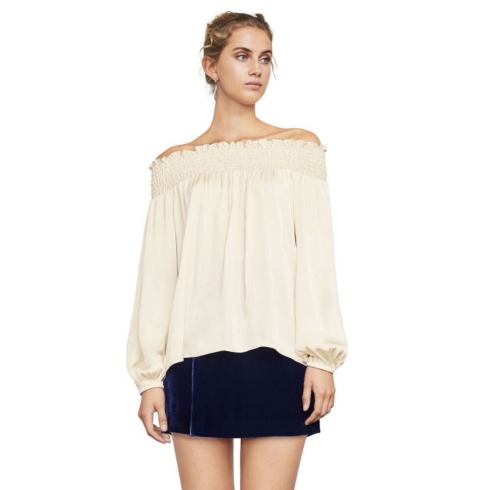 BCBGMAXAZRIA Milou Off The Shoulder Satin Blouse In Whisper Cream Size S $179